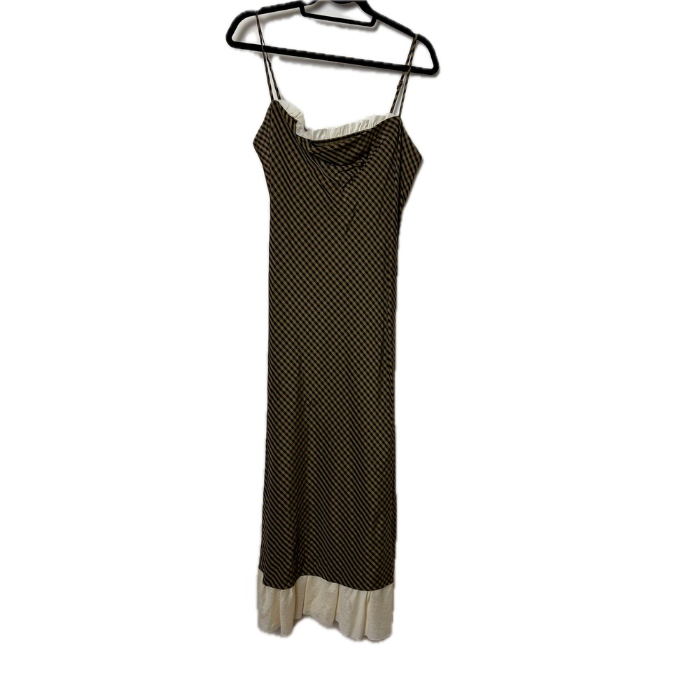 Antonio Melani Gingham Ruffle‎ Trim Midi Dress Brown Black Check Size 8 NWT